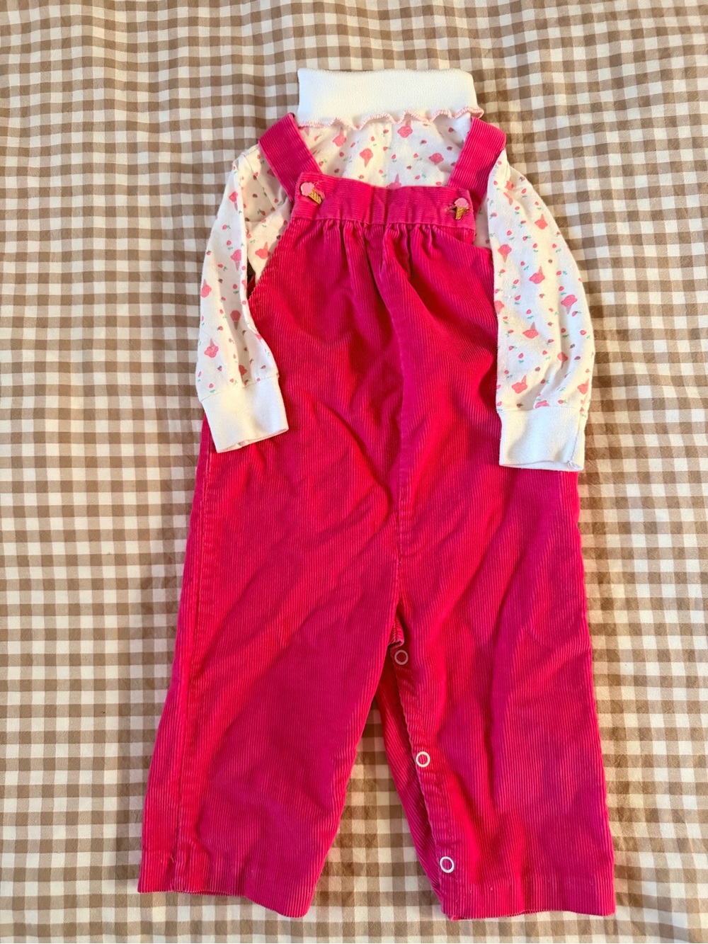 Vintage Pink Corduroy Kids Overalls with Ice Cream Print Turtleneck